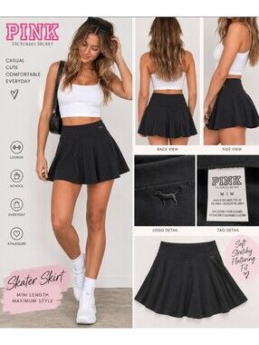 Victoria’s Secret PINK Black Skater Skirt Women’s Medium M Cotton Stretch Logo